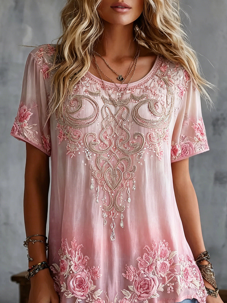 Women's Vintage Celtic Knot Floral Art Print Linen Short-sleeved T-shirt