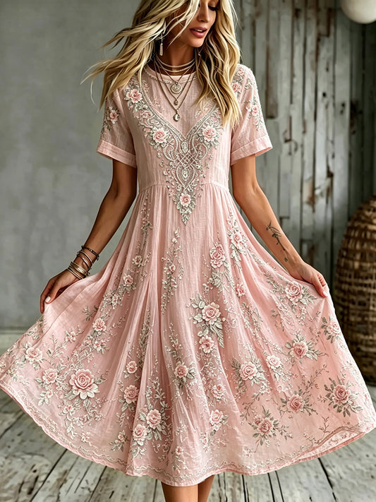 Women's Viking Celtic Knot With Floral Art Print Short Sleeve Linen Dress