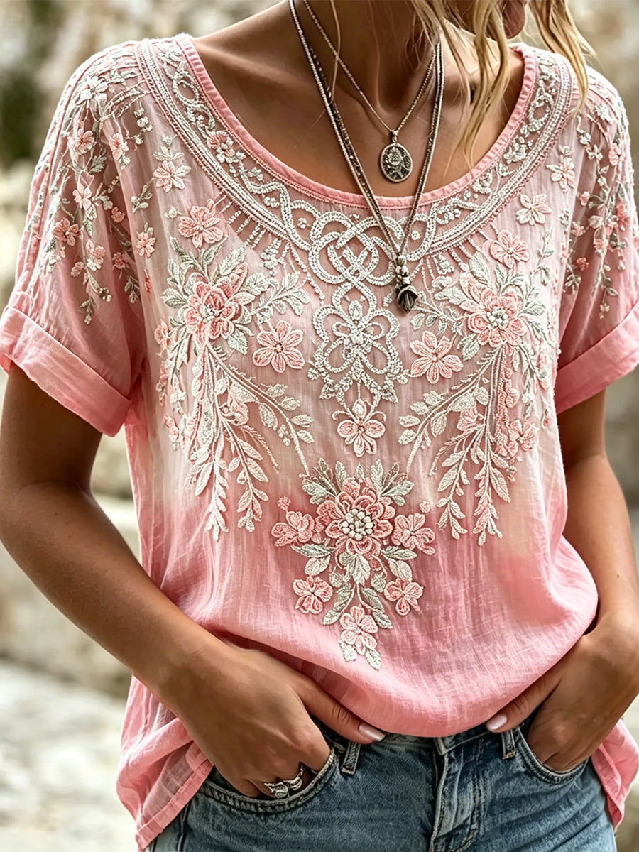 Women's Vintage Celtic Knot With Floral Art Print Linen Short-sleeved T-shirt