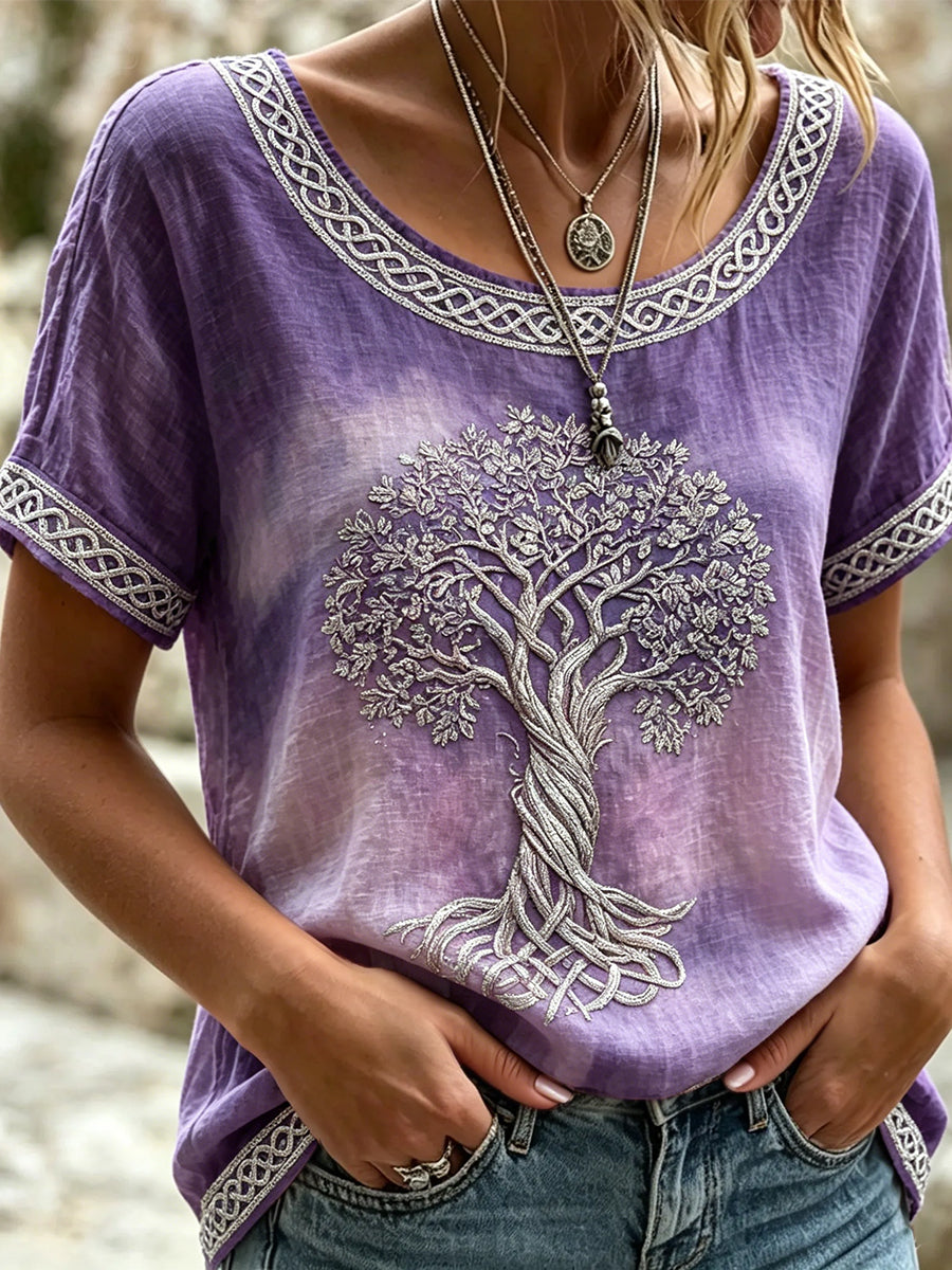 Women's Viking Tree Of Life Celtic Print Linen Short-sleeved T-shirt