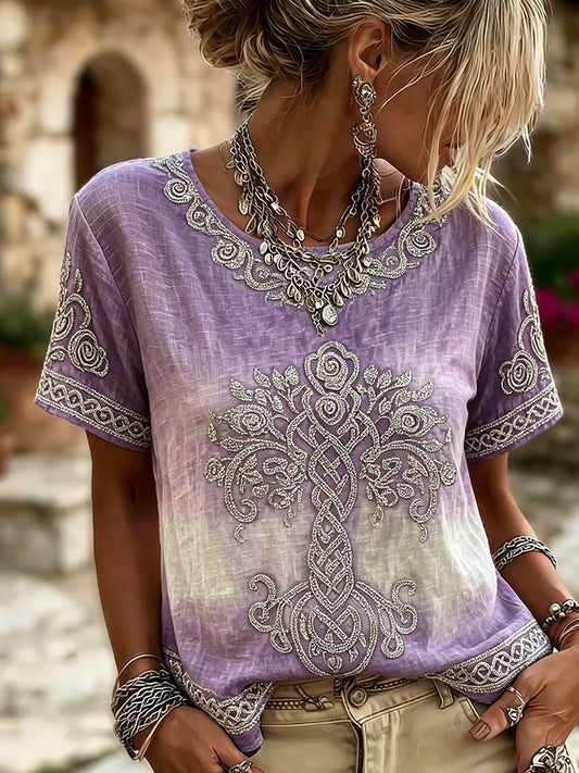 Women's Viking Tree Of Life Celtic Print Linen Short-sleeved T-shirt