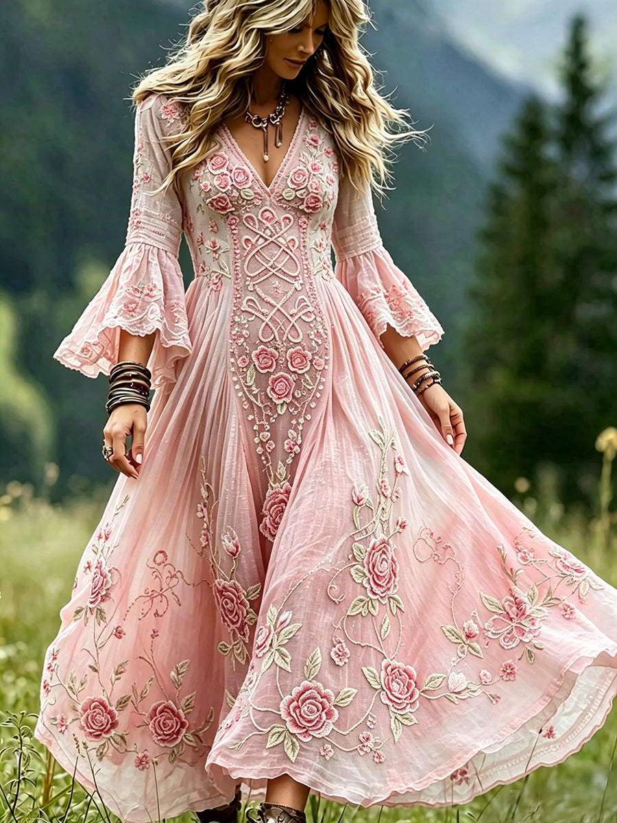 Women's Vintage Viking Celtic Knot With Floral Art V Neck Maxi Dress