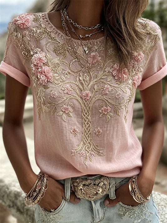 Women's Classy Pink Floral Tree of Life Celtic Print linen short-sleeved T-shirt