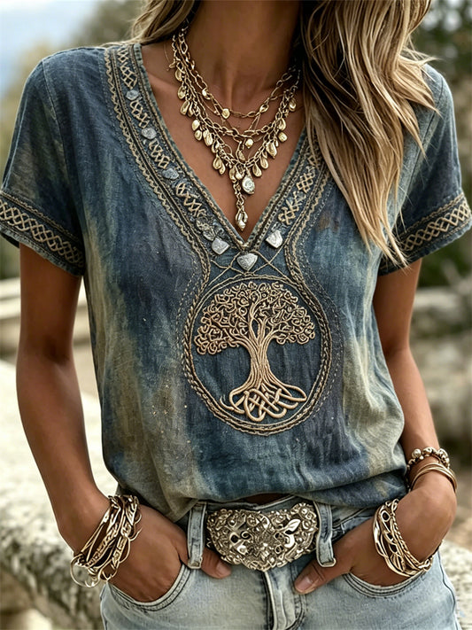 Women's Vintage Viking Tree of Life Celtic Print Dyed linen short-sleeved T-shirt