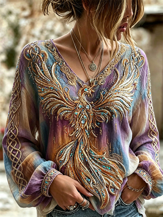 Women's Classy Phoenix Celtic Print Gradient Dyed Cotton-Linen Shirt