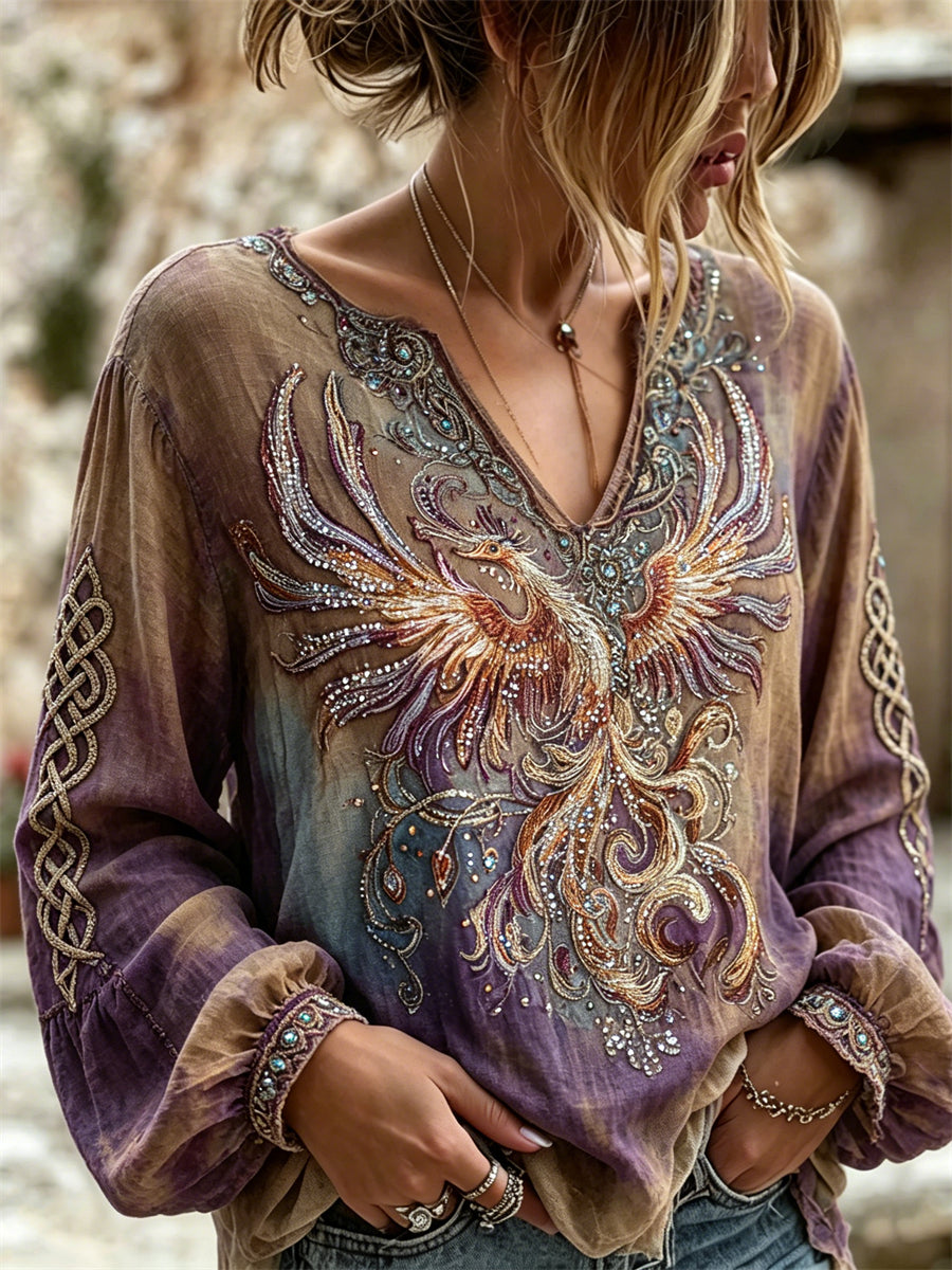 Women's Classy Phoenix Art Celtic Knot Print Gradient Cotton-Linen Shirt