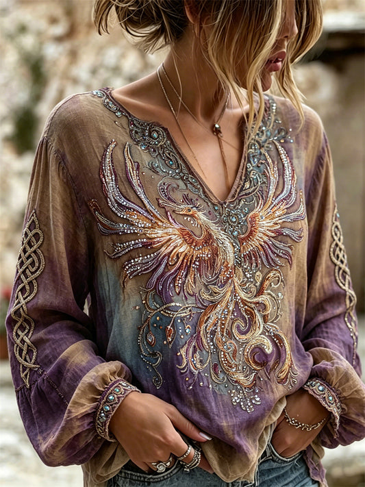 Women's Classy Phoenix Art Celtic Knot Print Gradient Cotton-Linen Shirt