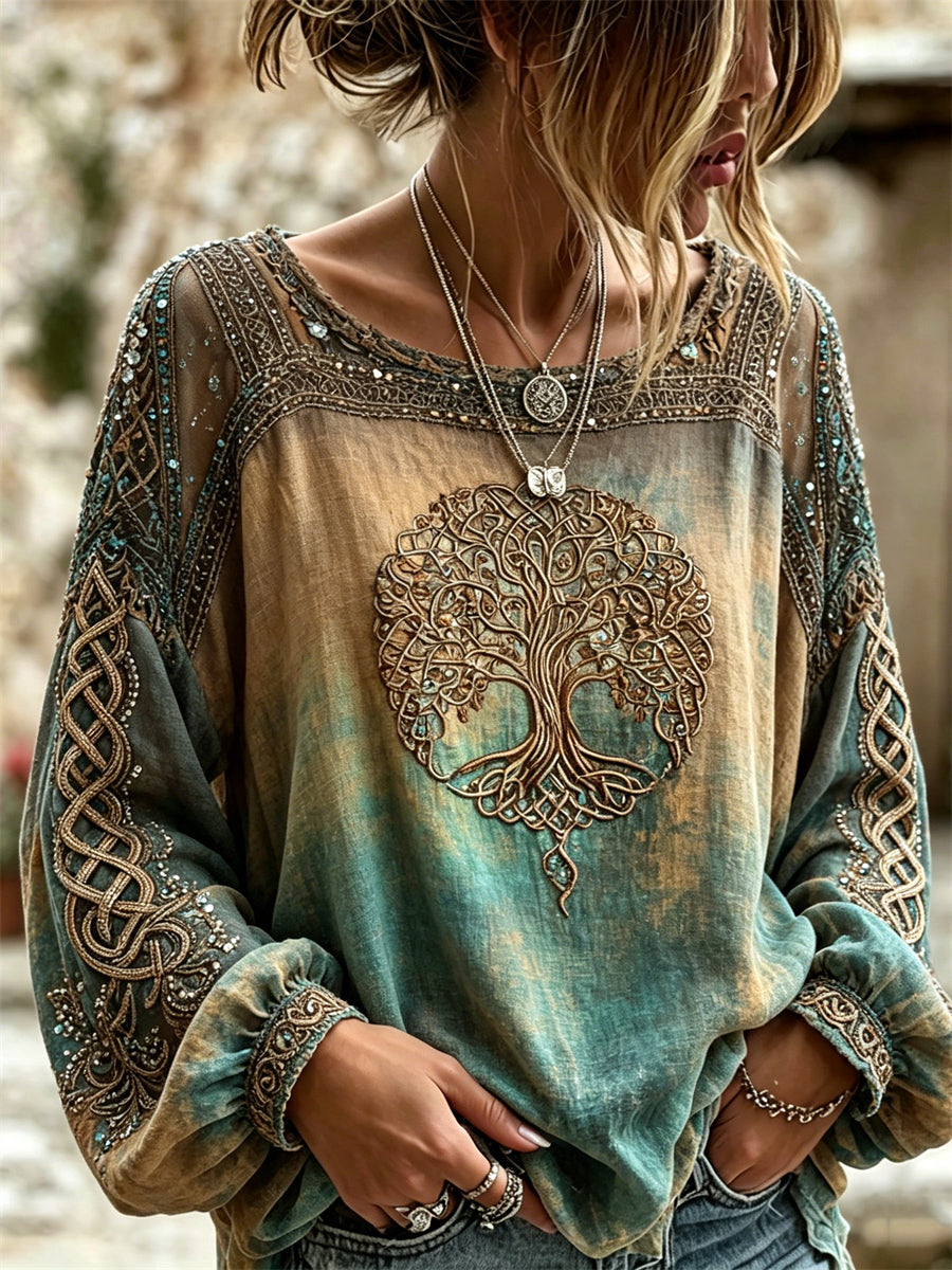 Women's Viking Tree Of Life Classy Celtic Knot Print Gradient Cotton-Linen Shirt
