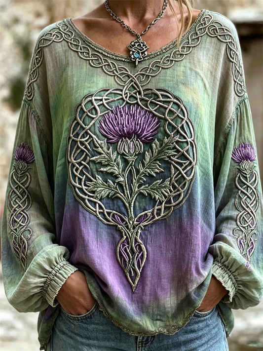 Women's Vintage Thistle Celtic Knot Print Gradient Cotton-Linen Shirt