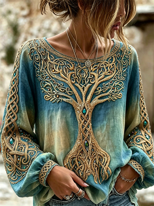 Women's Viking Tree Of Life Classy Celtic Knot Print Gradient Cotton-Linen Shirt