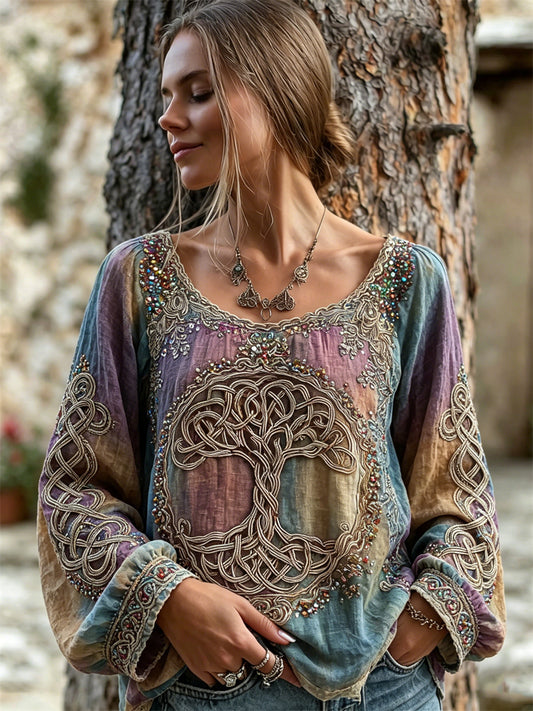 Women's Viking Tree Of Life Classy Celtic Knot Print Gradient Cotton-Linen Shirt