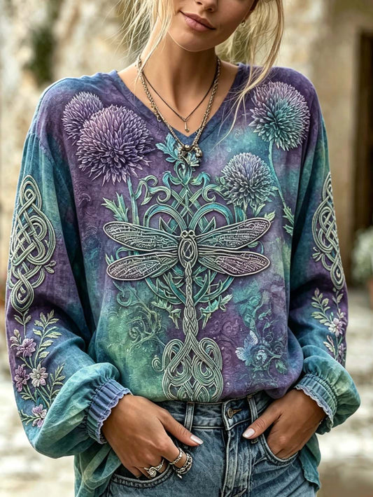 Women's retro Scottish Thistle flower and dragonfly pattern printed cotton and linen shirt