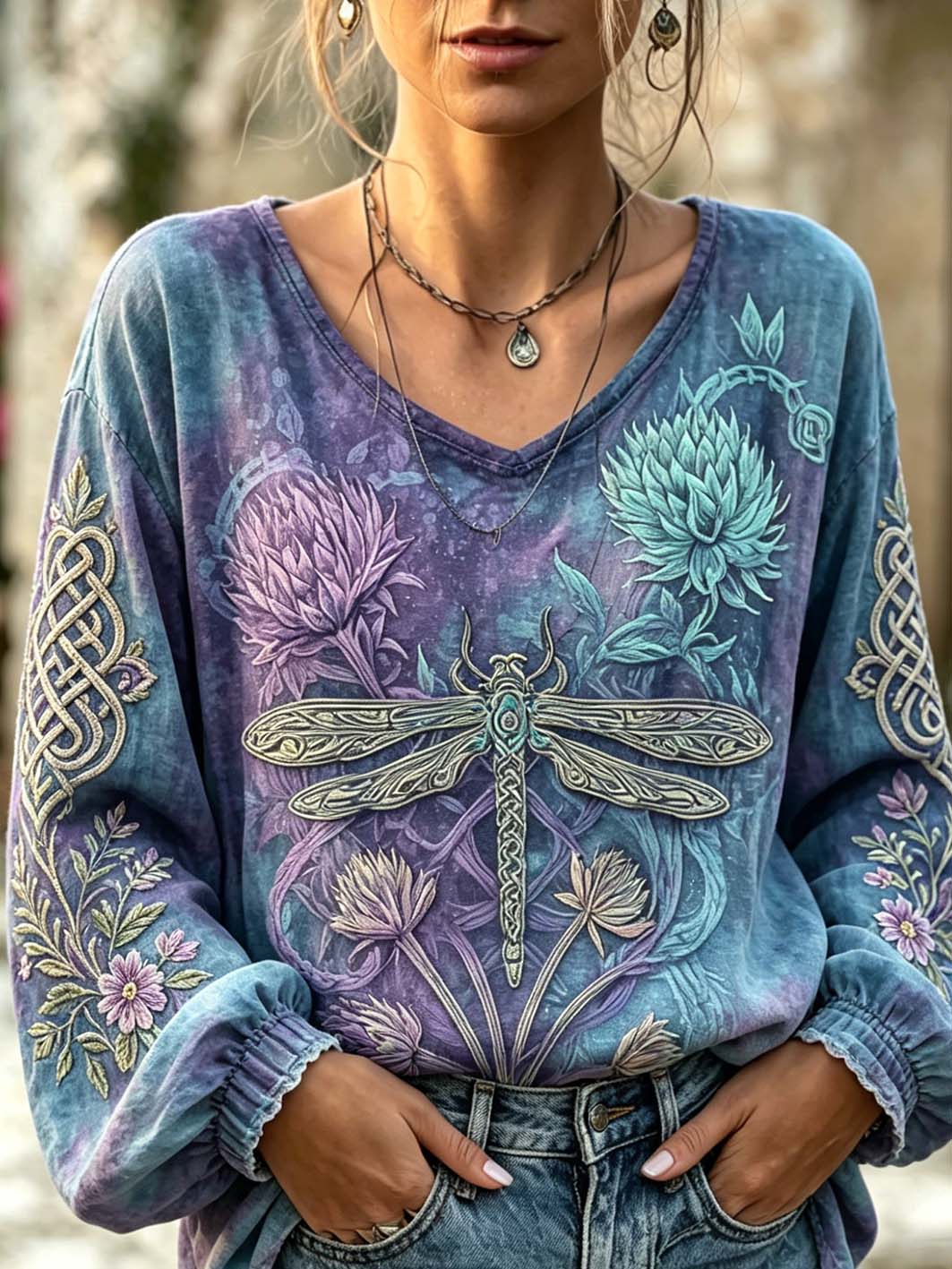 Women's retro Scottish Thistle flower and dragonfly pattern printed cotton and linen shirt