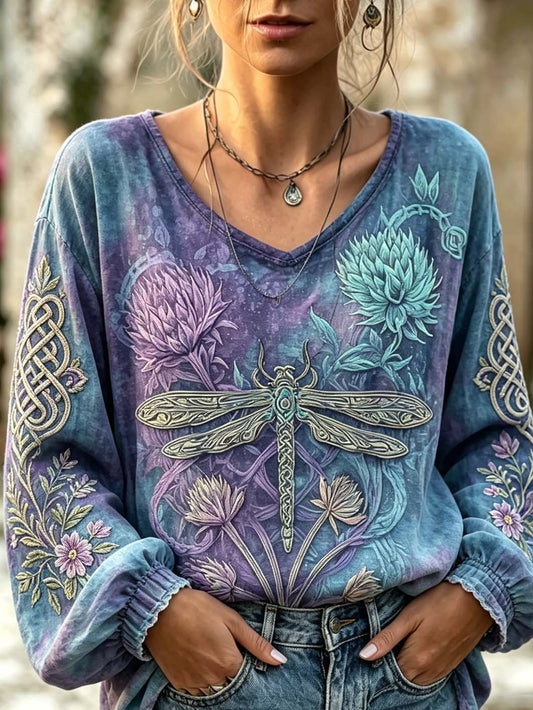 Women's retro Scottish Thistle flower and dragonfly pattern printed cotton and linen shirt