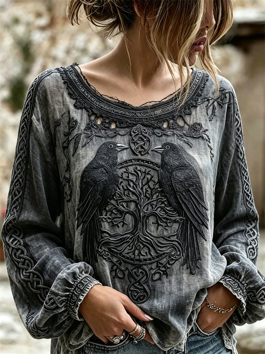 Women's Vintage Ravens Viking Tree of Life Celtic Print Cotton-Linen Shirt