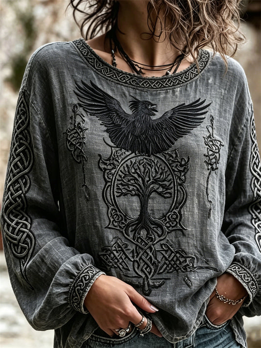 Women's Vintage Raven Viking Tree of Life Celtic Print Cotton-Linen Shirt
