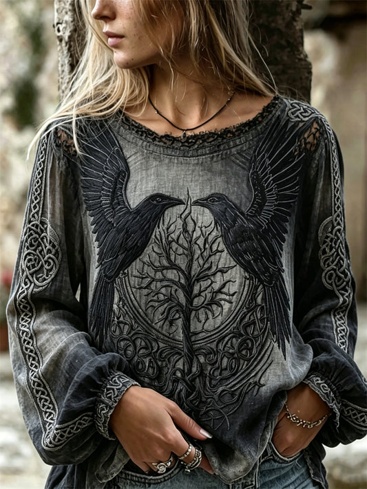 Women's Viking Ravens Tree of Life Celtic Knot Print Cotton-Linen Shirt