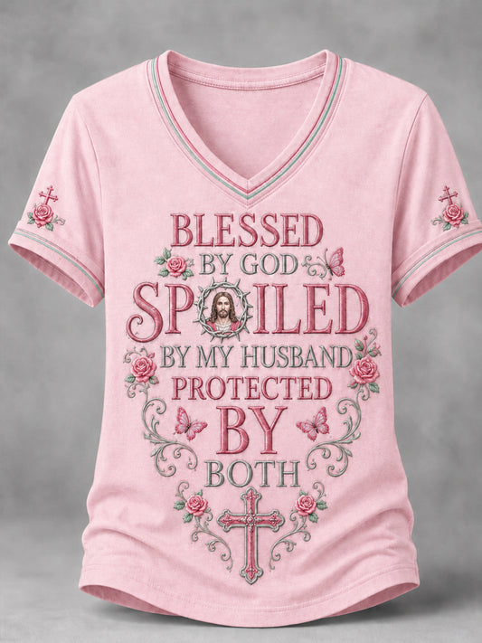 Women's Blessed By God Spoiled By My Husband Protected By Both Print Casual V-Neck Tee