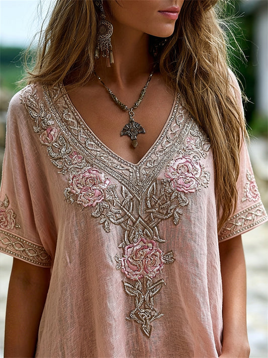 Women's Vintage Pink Roses Viking Celtic Knot Print linen short-sleeved T-shirt