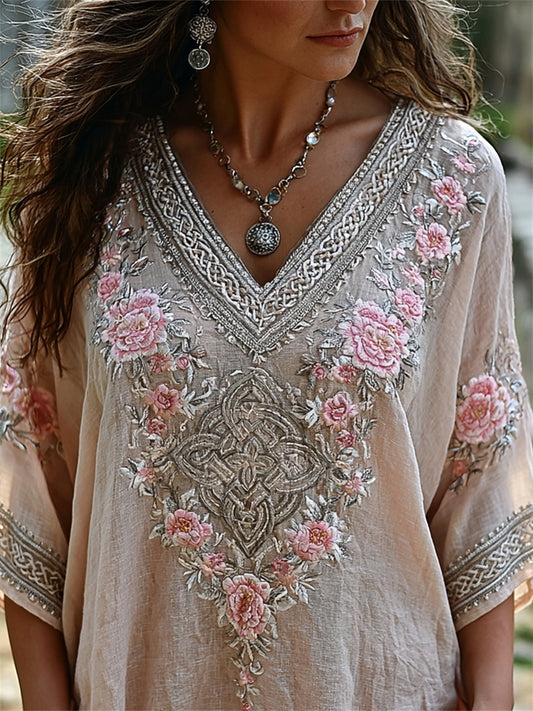 Women's Viking Celtic Knot Classy Pink Floral Print Linen Tunic
