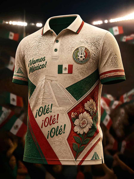Men's Retro Mexican Football Print Casual Polo Shirt
