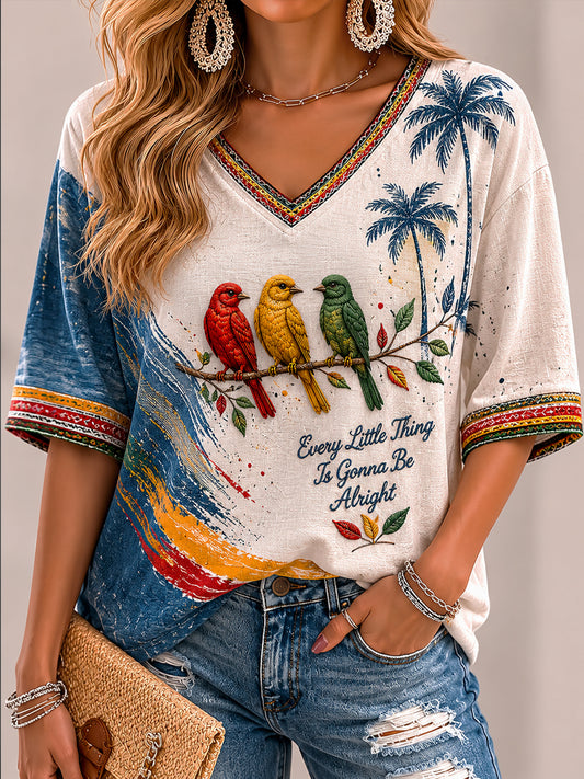 Women's Retro Reggae Artistic Casual V-Neck T-Shirt