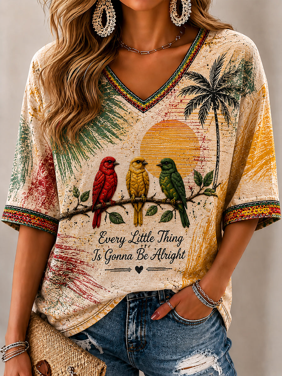 Women's Vintage-Style Distressed Reggae Casual V-Neck T-Shirt