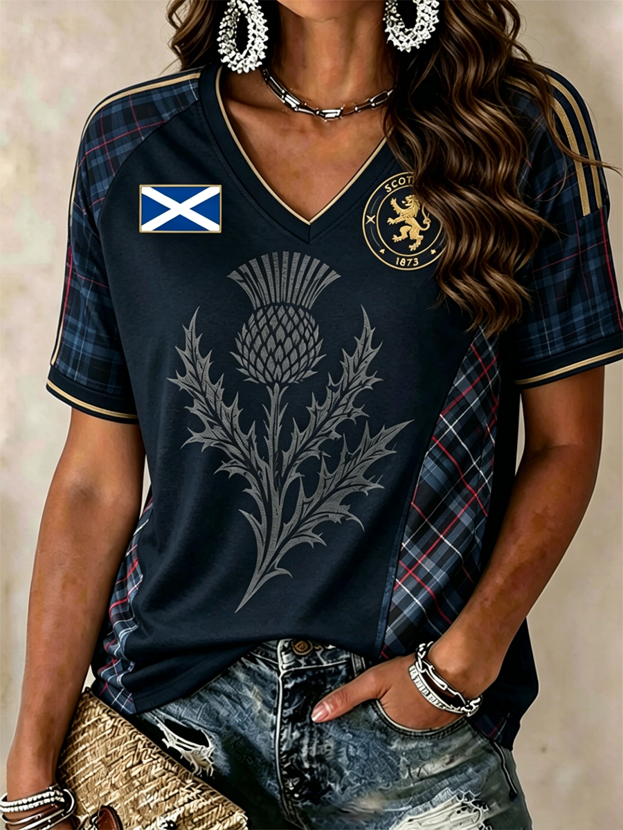 Women's SCOTLAND Printed V-neck off-shoulder short-sleeved T-shirt