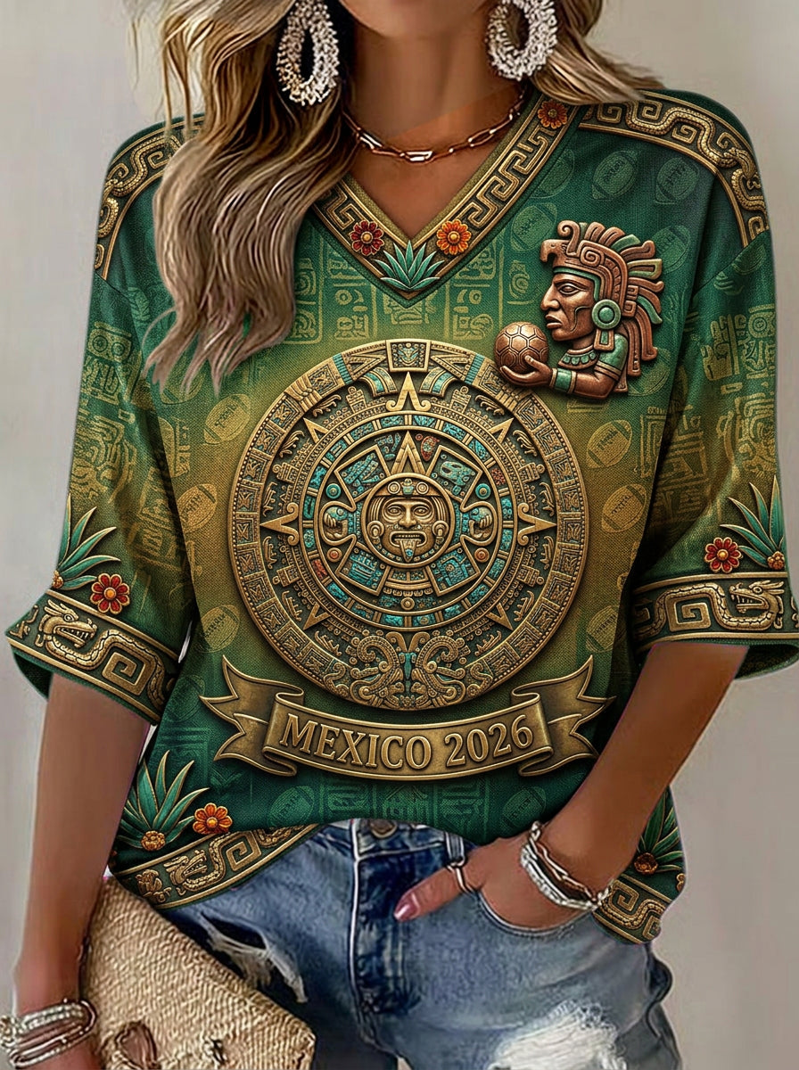 Women's Mexican Football Fan Casual Printed V-Neck T-Shirt