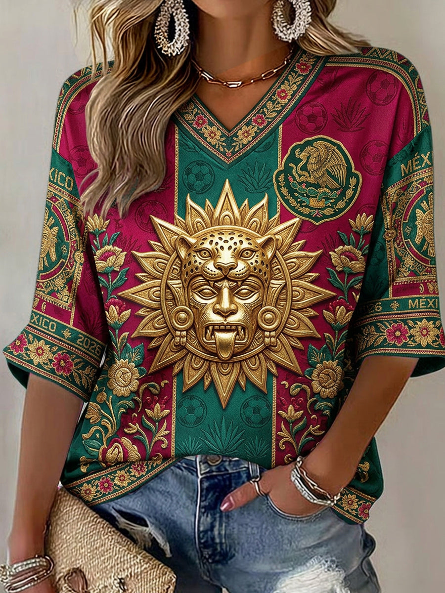 Women's Mexican Football Fan Casual Printed V-Neck T-Shirt