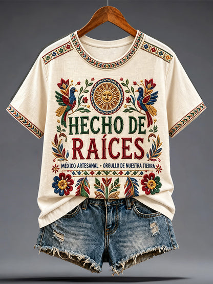 Women's Mexico Pride Art Printed Linen T-shirt