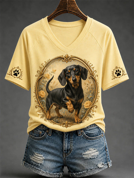 Women's Retro Dog Print Casual V-Neck Tee