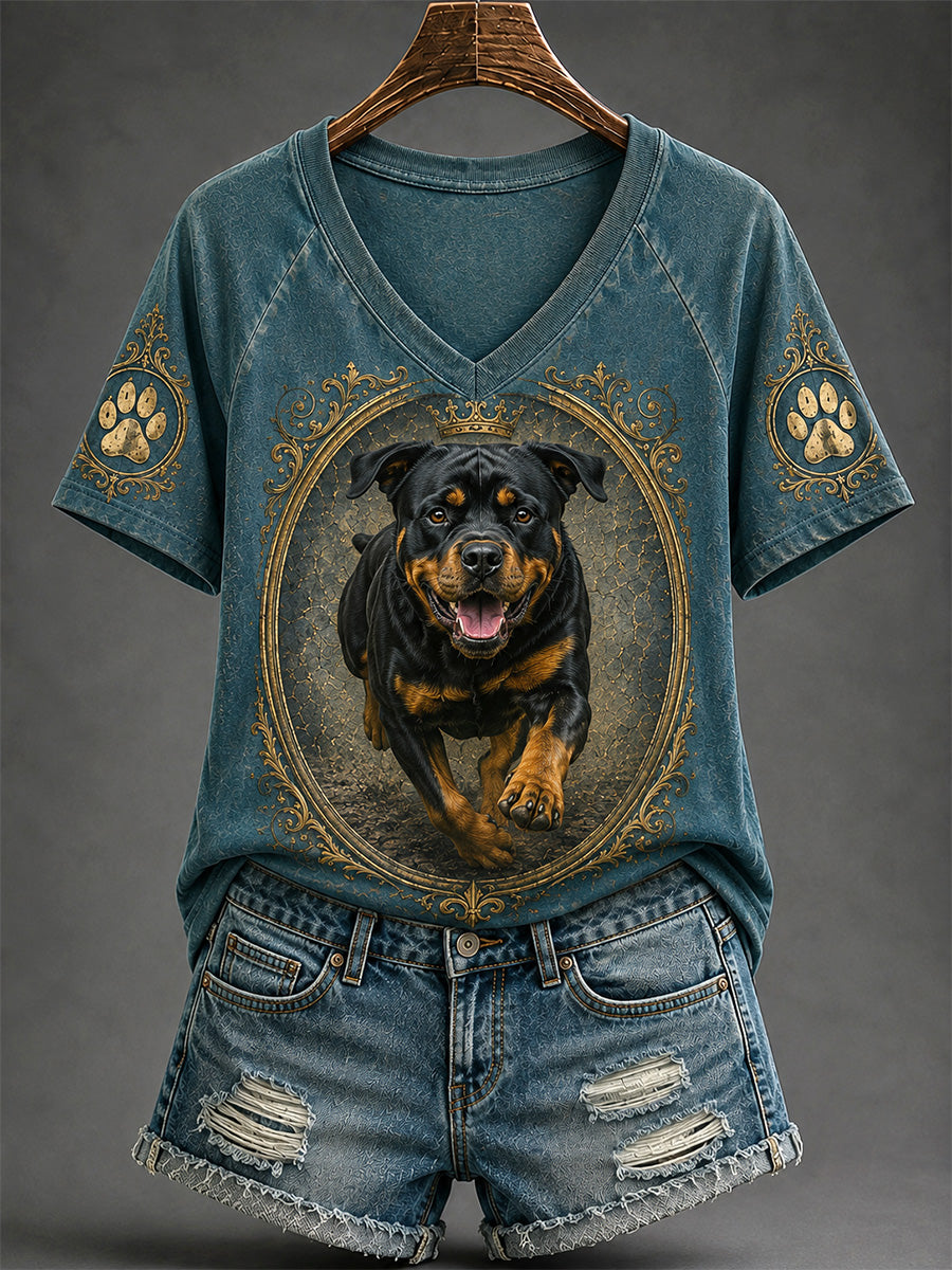 Women's Retro Dog Print Casual V-Neck Tee