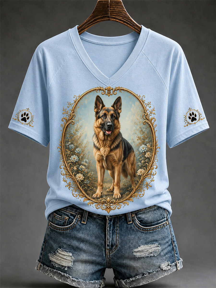 Women's Retro Dog Print Casual V-Neck Tee