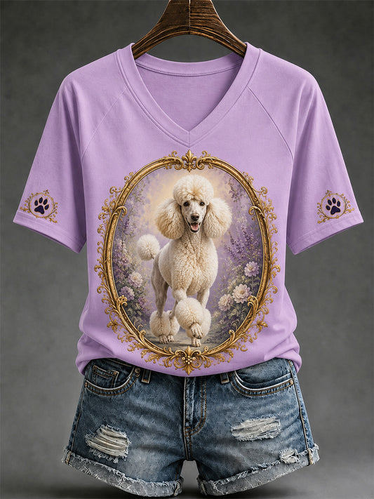Women's Retro Dog Print Casual V-Neck Tee