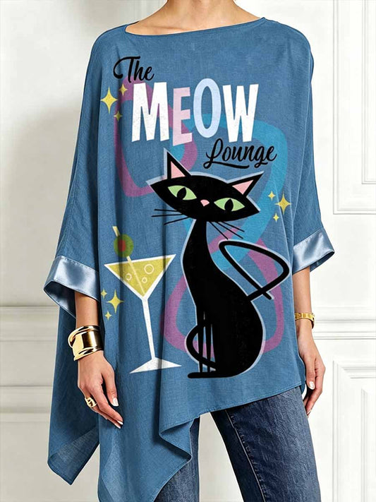 Women's Midcentury Modern Cat Printed Irregular Hem Long Sleeve Top