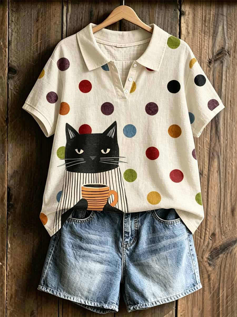 Women's Modern Graffiti Style Cat Print Polo Shirt