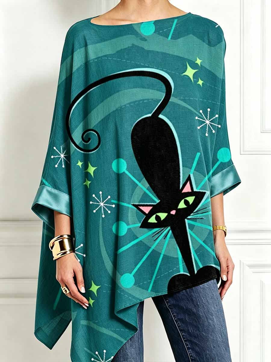 Women's Midcentury Modern Cat Printed Irregular Hem Long Sleeve Top