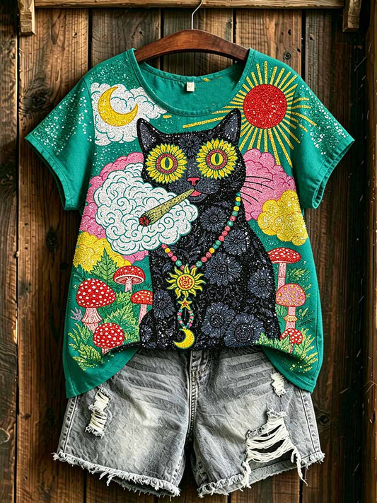 Women's Modern Graffiti Style Cat Print T-Shirt