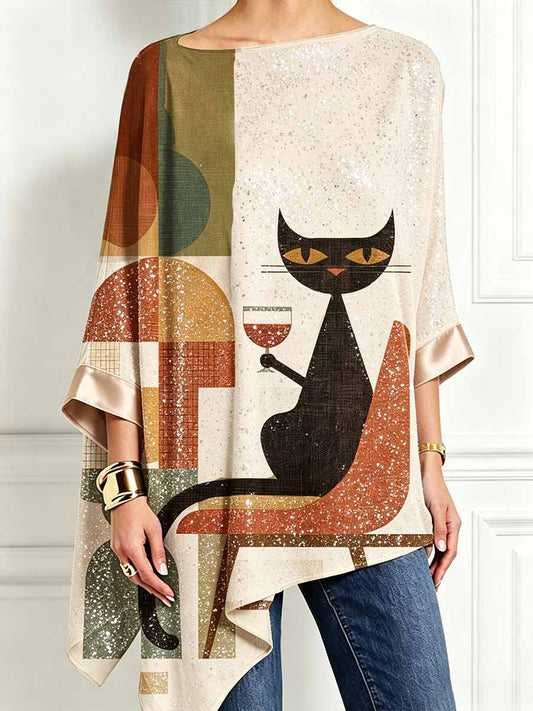Women's Midcentury Modern Cat Printed Irregular Hem Long Sleeve Top