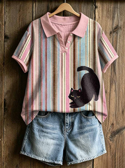 Women's Modern Graffiti Style Cat Print Polo Shirt