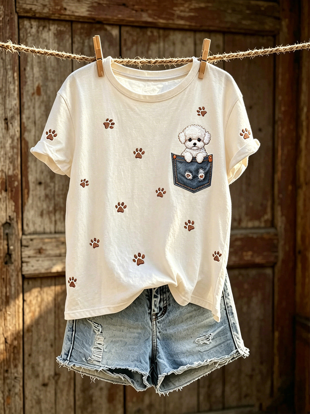 Women's cute dog pattern printed casual short-sleeve T-shirt