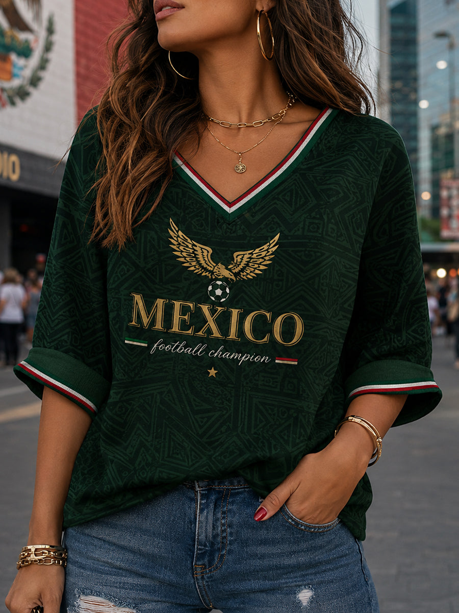 Women's Mexican Football Match Cheering Element Art Print V-Neck Top