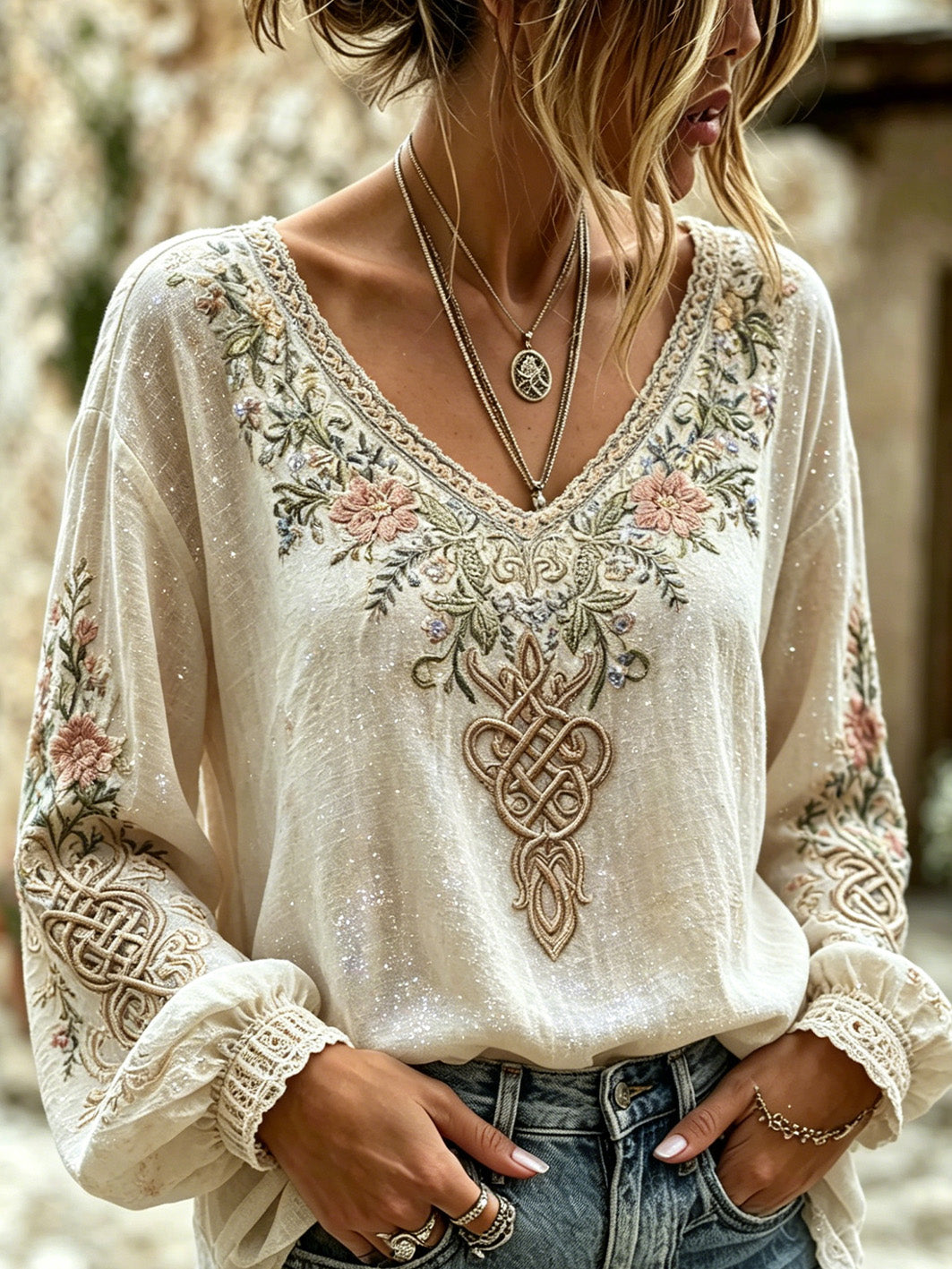 Women's Viking plant flower pattern printed casual cotton and linen shirt