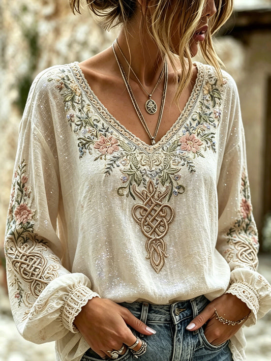 Women's Viking plant flower pattern printed casual cotton and linen shirt