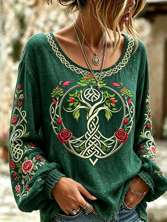 Women's Viking plant flower pattern printed casual cotton and linen shirt