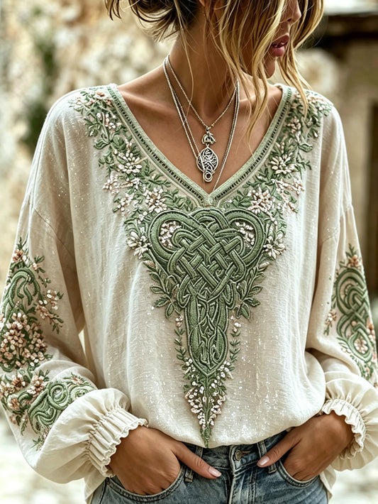 Women's Viking plant flower pattern printed casual cotton and linen shirt