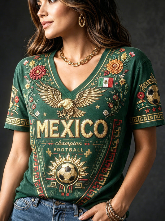 Women's Mexican Football Match Cheering Element Art Print V-Neck T-Shirt