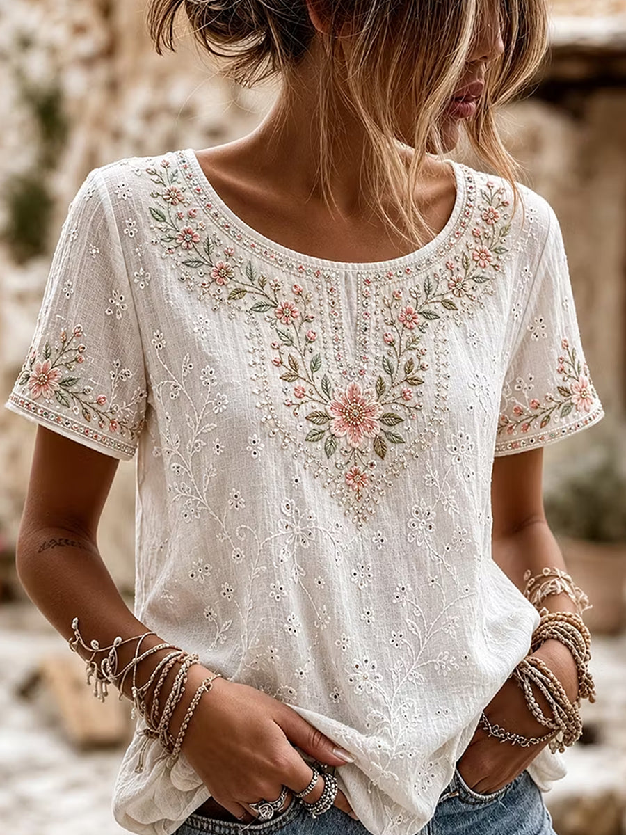 Women's Retro Floral Art Print Casual Cotton Linen Top