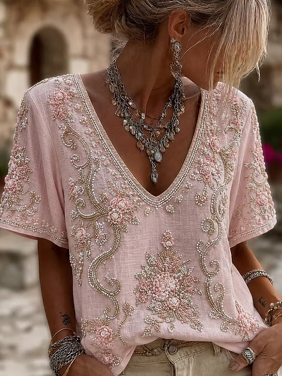 Women's Retro Floral Art Print Casual Cotton Linen Top